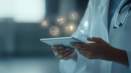 Doctor using a tablet with healthcare icons floating around. Technology in medicine.