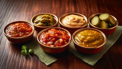 Exotic condiments with depth of field showcasing spicy salsas and tangy pickles