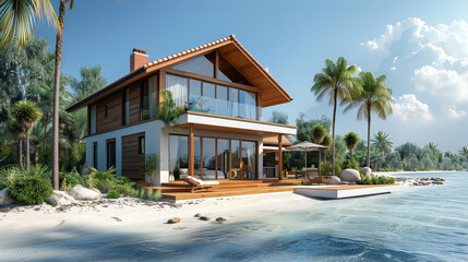 Beach house with a view of the ocean. The house is surrounded by rocks and the water is calm