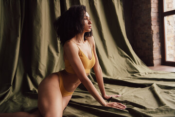 Obraz premium No retouch photo of dreamy pretty cute charming girl posing studio isolated on textile khaki color background