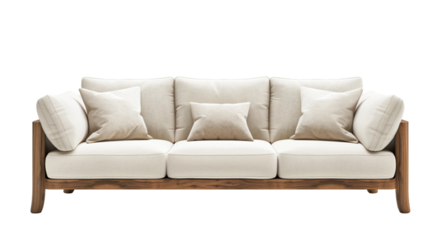 Sofa with beige pillows on transparent background