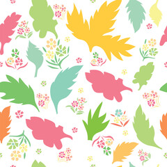 colorful leaves with small flowers hand drawn floral seamless pattern. Suitable for tiles, decoration, wrapping and more.