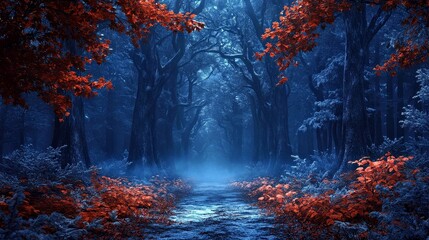 Fototapeta premium Mystical Frozen Summer in Enchanted Woods - Dark Fantasy Scene with Dramatic Lighting, Misty Forest Floor, and Text Space