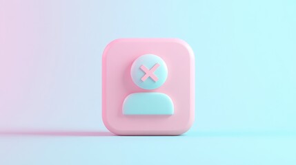 3D render of a pink and blue icon with a user symbol and a red cross on a blue and pink background.