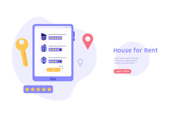 House for Rent. Renting Apartment with Online Service. Apartment for Rent Online. Concept of Rent Real Estate, Home for Rent. Vector illustration for Web Design, Landing Page