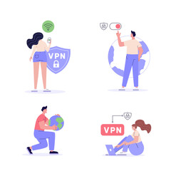 People using VPN for computer, smartphone with VPN sign. Users protecting data with VPN service. Character set of virtual private network, сyber security, data protection. Vector illustration
