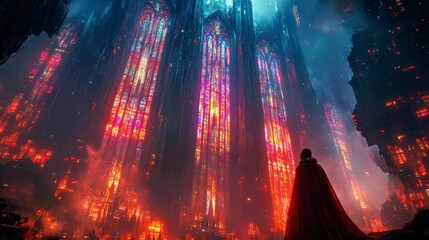 Illuminated Crypt of Techno Faith - A surreal cyberpunk cathedral with glowing stained glass windows and digital scriptures, engulfed in shadows and mysticism, with space for text.