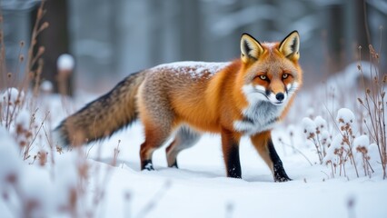 Generative AI, a red fox walking through a snow covered field with tall grass and trees in the background, with snow on the ground, wildlife photography, a photorealistic painting, furry art
