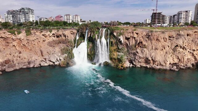 The More Famous Karpuzkaldiran Lower Duden Waterfall Roars Down into the Sea from the 50m High Cliffs in Antalya Lara District.