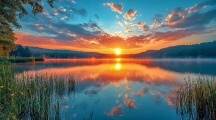 Serene Dawn: Ivory Sky and Gentle Sunlight on Calm Lake - Panoramic View