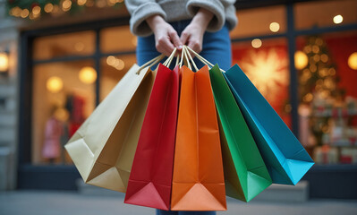 Person holding colorful shopping bags outside a festive store during the holiday season in a city setting