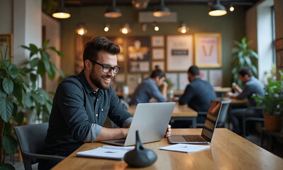 Young man working on a laptop in a cozy coworking space with plants and decor in a vibrant urban setting