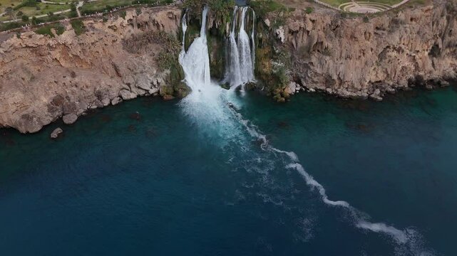 The More Famous Karpuzkaldiran Lower Duden Waterfall Roars Down into the Sea from the 50m High Cliffs in Antalya Lara District.