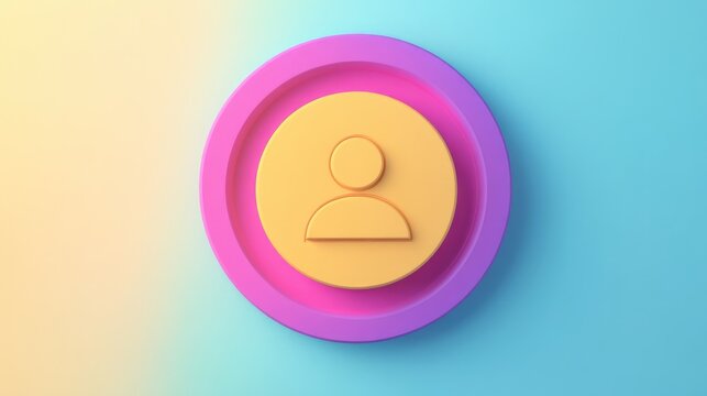 3D render of a yellow user icon with pink and purple rings on a blue and yellow background.