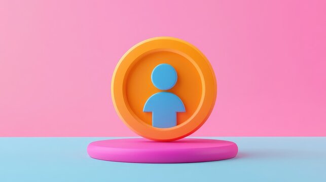 A 3D rendered blue person icon inside an orange circle on a pink and blue background.