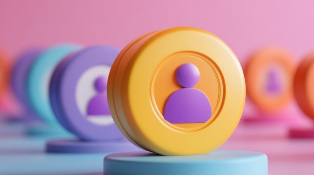 Colorful 3D profile icons on a pink background. - Powered by Adobe