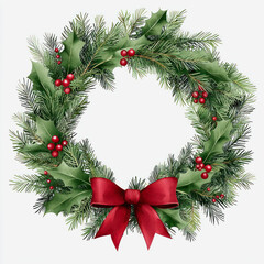 christmas wreath in green color with red ribbon, copyspace in center