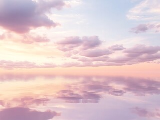 A serene and dreamy sunset over calm waters, with pink and purple clouds reflecting perfectly on the surface.