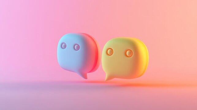 Two 3D speech bubbles with eyes on a pink and blue background.