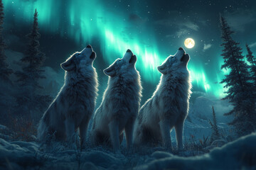 Naklejka premium wolves in Alaska, howling at the moon in a profile side view, during night time aurora northern lights,
