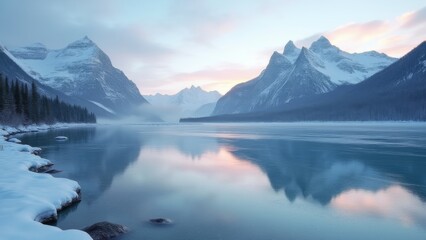 Fototapeta premium Generative AI, a mountain range is reflected in a lake surrounded by snow covered mountains and ice floese covered water, 4k uhd image, a matte painting, superflat 