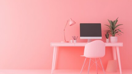 Minimalist pink desk with computer, lamp, plant and chair against pink wall.