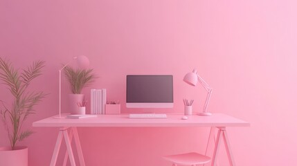 Minimalist pink desk workspace with computer, lamp, plant and stationery.