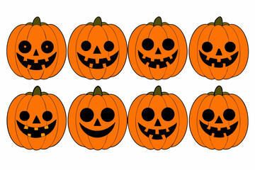 Halloween pumpkin icons set. Vintage funny pumpkins isolated on white background. Monsters faces. Design elements for logo, badges, banners, labels, posters. Vector illustration