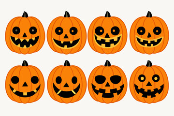 Halloween pumpkin icons set. Vintage funny pumpkins isolated on white background. Monsters faces. Design elements for logo, badges, banners, labels, posters. Vector illustration