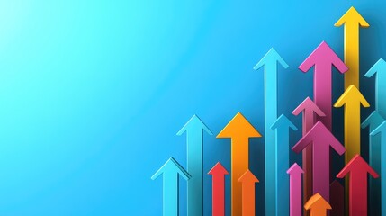 Colorful arrows pointing upwards on a blue background, symbolizing growth, success, and progress.