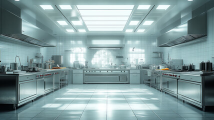 Obraz premium secret lab for food testing, military bunker, testing laboratory, food on plate, kitchen counters, bright room,