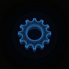 Polygonal blue hologram of gear symbol on dark background.