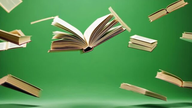 Books floating in the air against a vibrant background, perfect for creative projects. Ideal for education, literature, and reading themes
