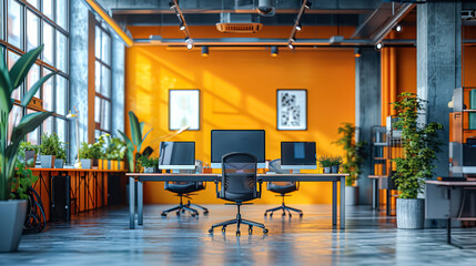 Fototapeta premium Bright orange wall with a clock and a computer desk. The room is filled with plants and has a modern, clean look