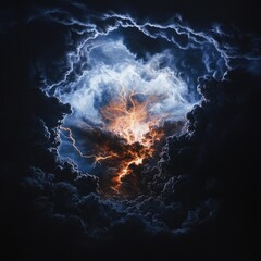 Dramatic stormy sky with a lightning strike in the clouds.