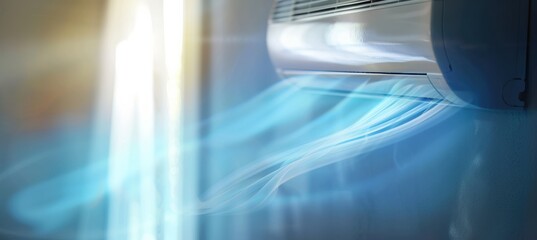 Efficient air conditioning system blowing blue stream of cool air in bedroom