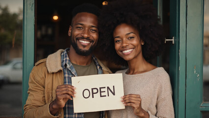 Black couple holding an open sign, small business owners, black entrepreneurs