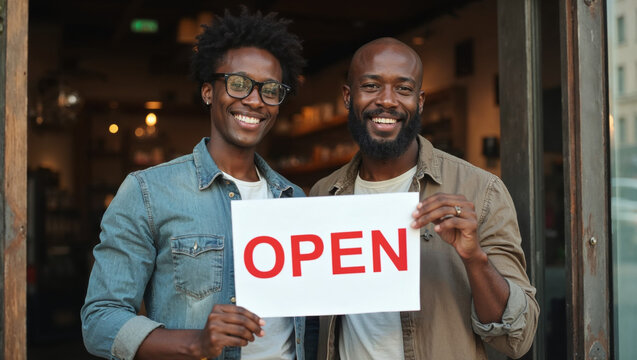 Black couple holding an open sign, small business owners, black entrepreneurs, black gay couple business partners