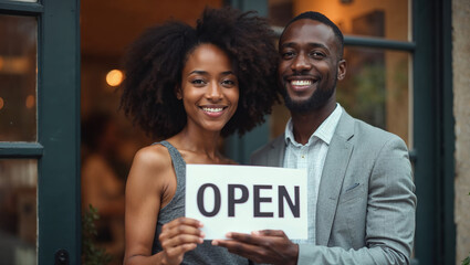 Black couple holding an open sign, small business owners, black entrepreneurs