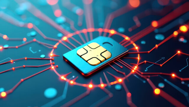 Detailed View of a SIM Card on a Microchip, Showcasing Mobile Technology and Data Transfer