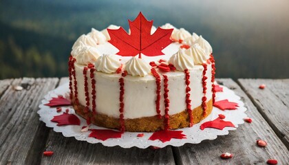 Isolated Canada Day cake with depth of field showcasing red and white frosting decorations