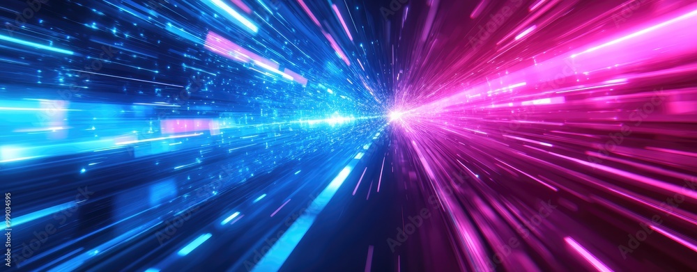 Wall mural abstract blue and pink glowing lines converging at a central point creating a tunnel effect.