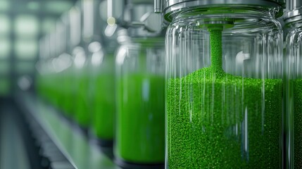 The image showcases multiple glass jars filled with vibrant green substances, highlighting a laboratory or production setting focused on innovative formulations.