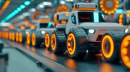 Fototapeta premium A futuristic assembly line showcasing small toy trucks with glowing orange wheels, emphasizing innovation in toy design and manufacturing.