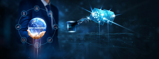 Asset Management: Businessman hand hold and robot touching on asset management technology on virtual interface. Investment strategies, portfolio diversification, risk assessment, financial analysis.