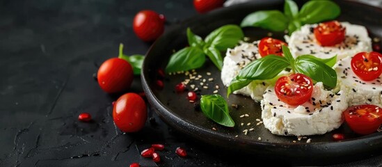 Healthy Rice Cakes With Cherry Tomatoes Cheese Feta Basil And Sesame In Metal Plate On Black Background Diet Snack