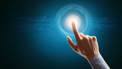 Photo of a hand with a glowing finger symbolizing the beginning of a new era of technological development