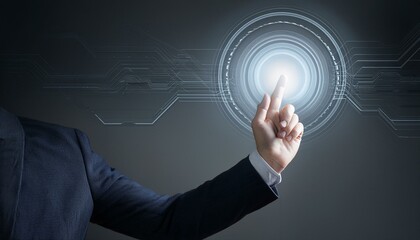 Photo of a hand with a glowing finger symbolizing the beginning of a new era of technological development