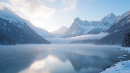 Fototapeta premium Generative AI, a mountain range is reflected in a lake surrounded by snow covered mountains and evergreen trees in the foreground, mountains, a matte painting, minimalism
