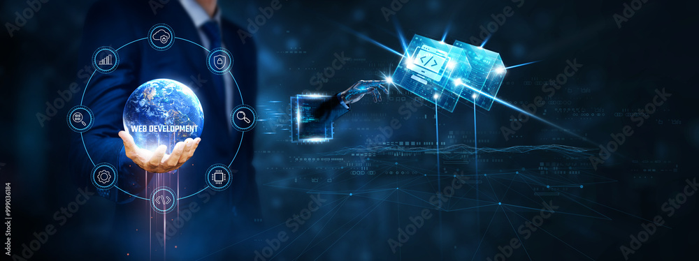 Fototapete web development: businessman hand hold and robot touching on web development technology on virtual i